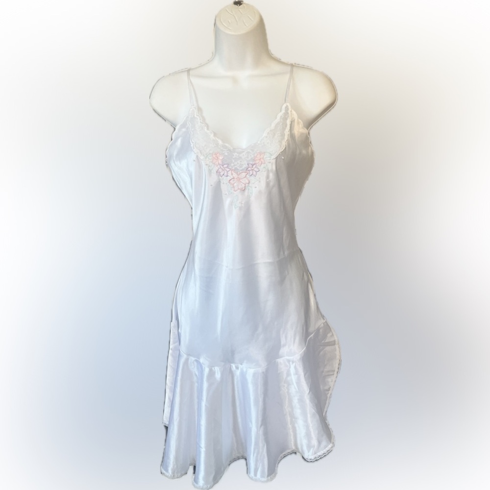 Vintage White Satin Floral Lace Slip Dress with Asymmetrical Ruffle Hem, Bridal